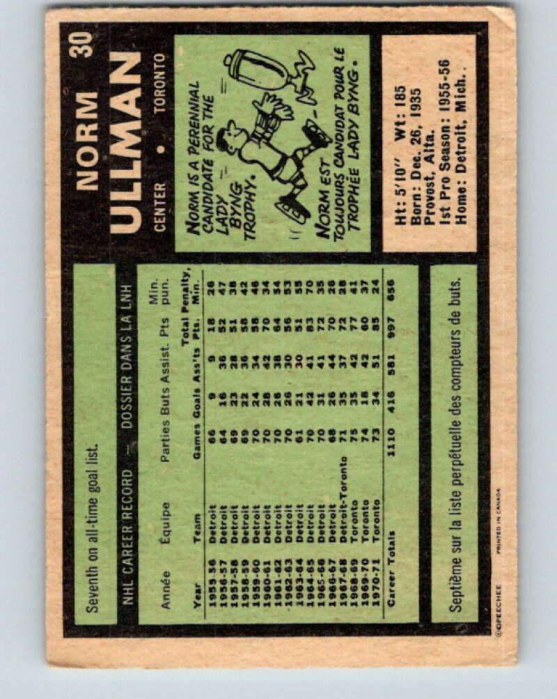 1971-72 O-Pee-Chee #30 Norm Ullman Toronto Maple Leafs V9062