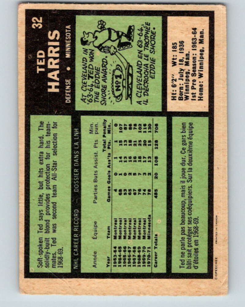 1971-72 O-Pee-Chee #32 Ted Harris Minnesota North Stars V9065