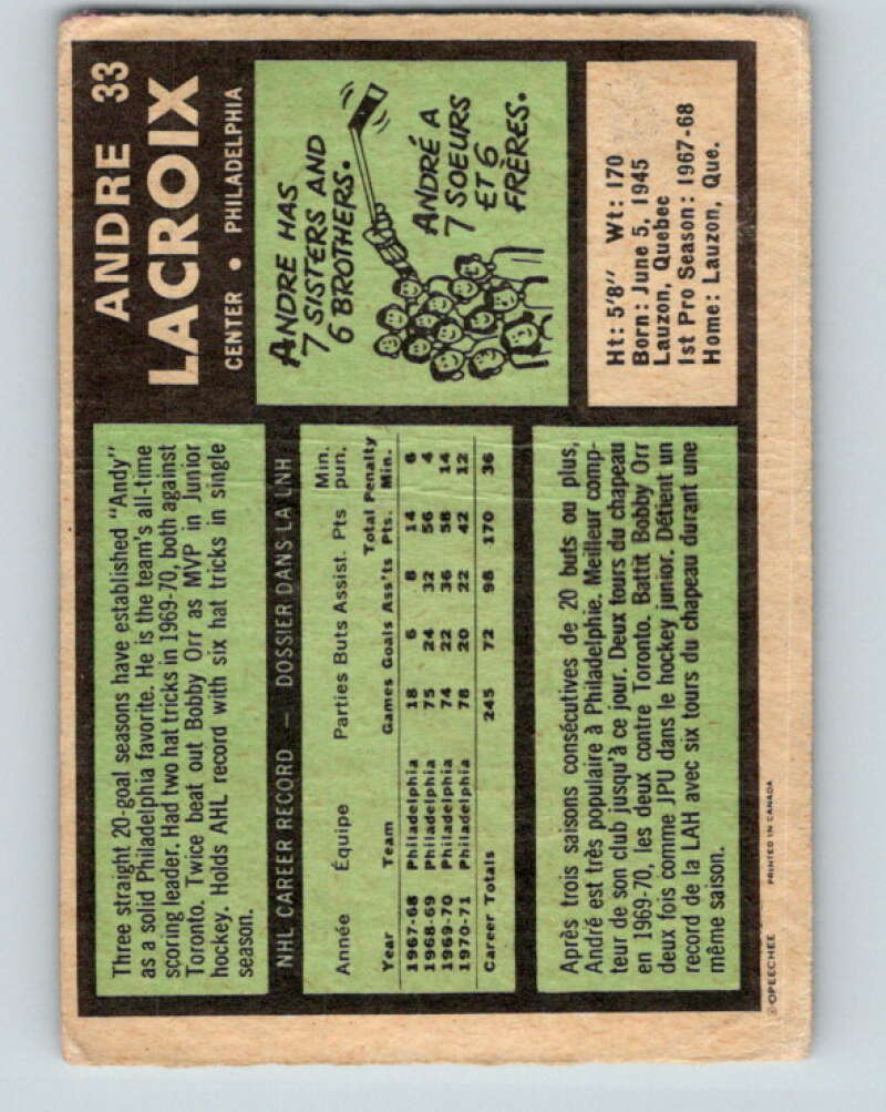 1971-72 O-Pee-Chee #33 Andre Lacroix Philadelphia Flyers V9066