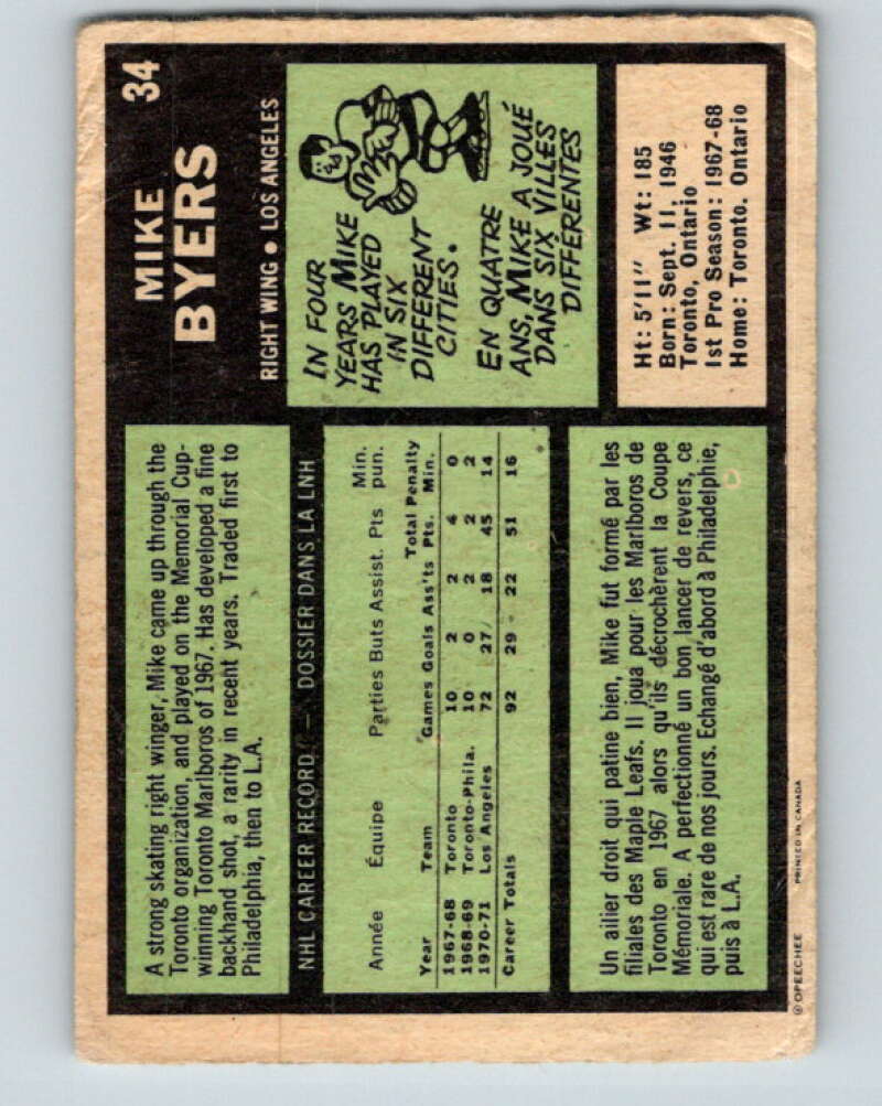 1971-72 O-Pee-Chee #34 Mike Byers Los Angeles Kings V9068