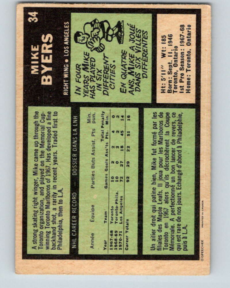 1971-72 O-Pee-Chee #34 Mike Byers Los Angeles Kings V9069