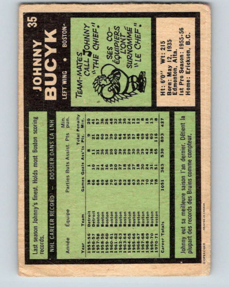 1971-72 O-Pee-Chee #35 Johnny Bucyk Boston Bruins V9071