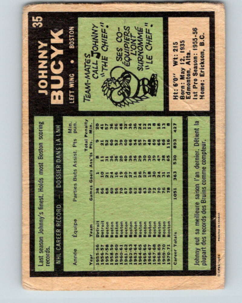 1971-72 O-Pee-Chee #35 Johnny Bucyk Boston Bruins V9072