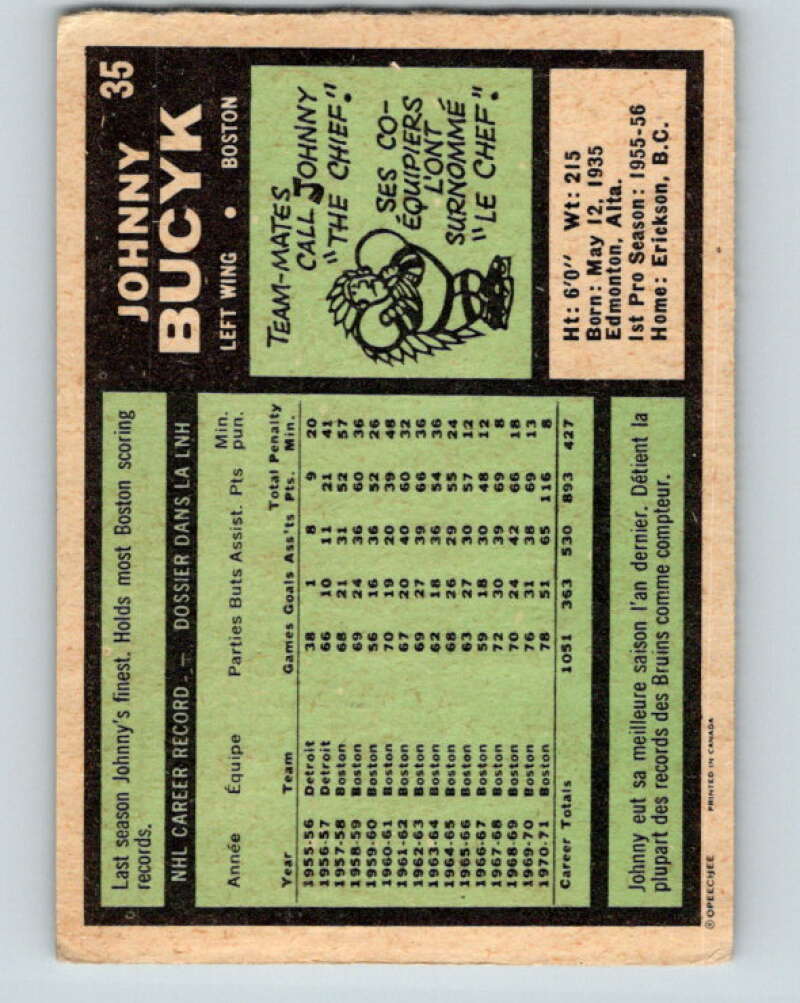 1971-72 O-Pee-Chee #35 Johnny Bucyk Boston Bruins V9073