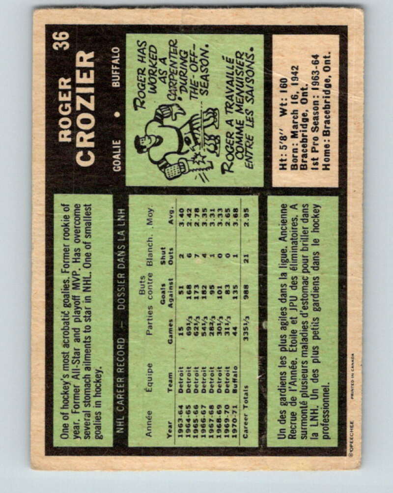 1971-72 O-Pee-Chee #36 Roger Crozier Buffalo Sabres V9076
