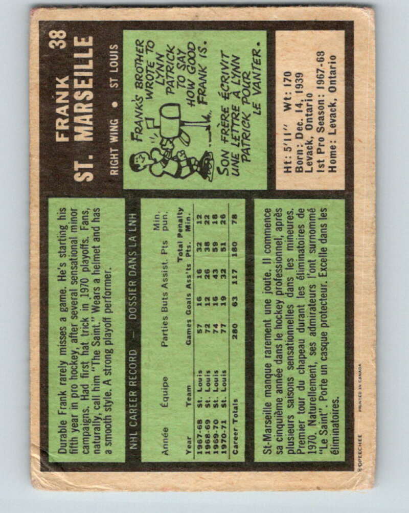 1971-72 O-Pee-Chee #38 Frank St. Marseille St. Louis Blues V9080