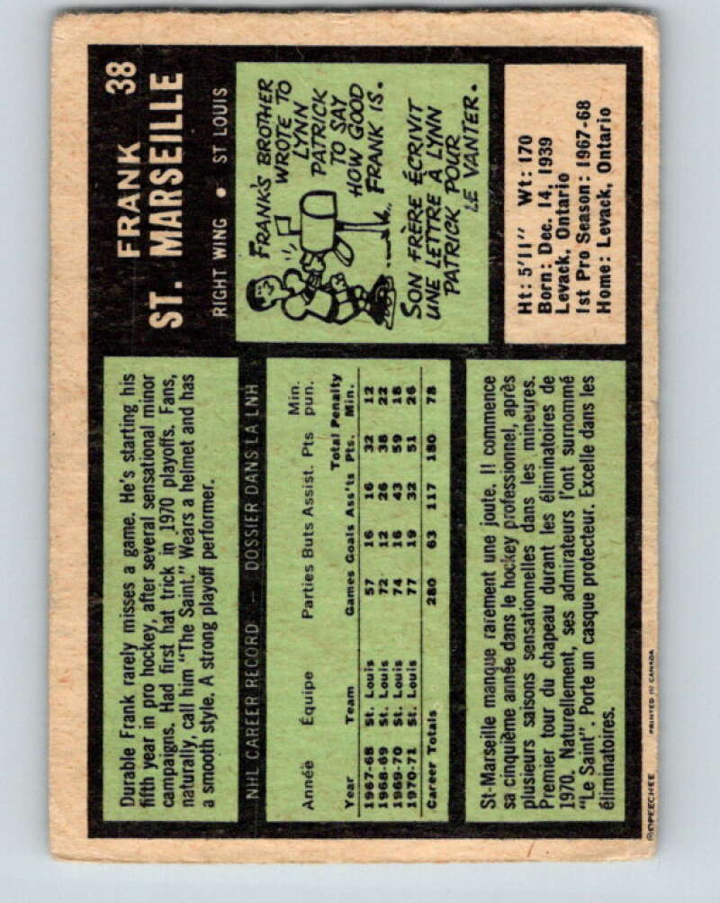 1971-72 O-Pee-Chee #38 Frank St. Marseille St. Louis Blues V9081