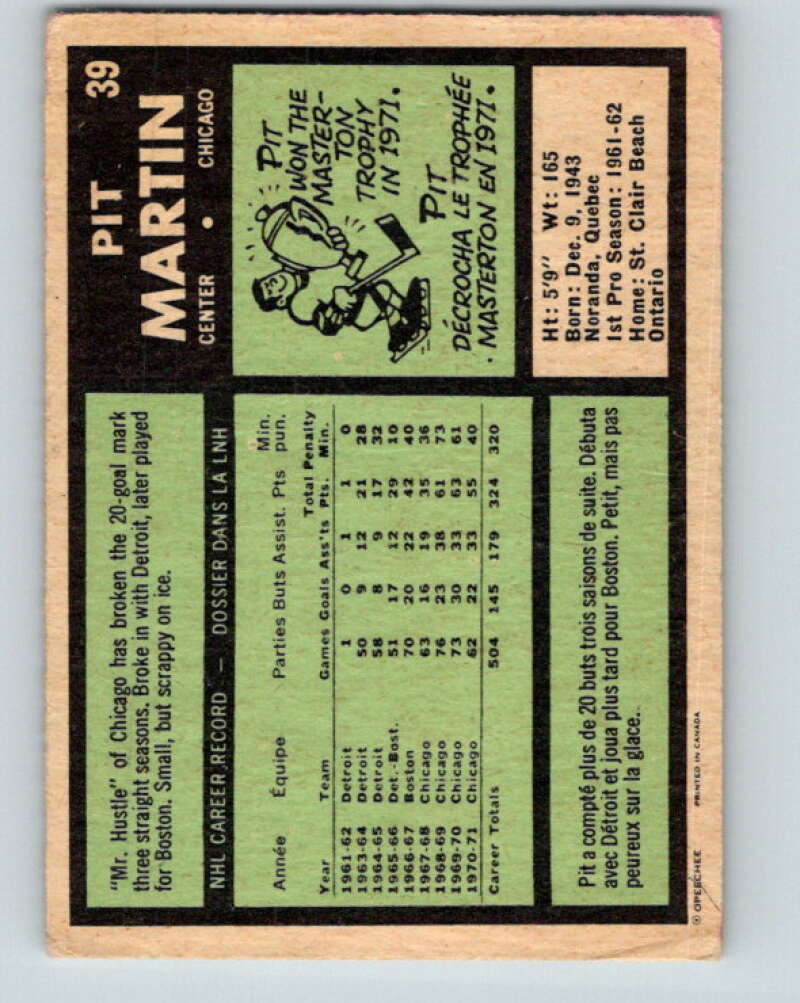 1971-72 O-Pee-Chee #39 Pit Martin Chicago Blackhawks V9082