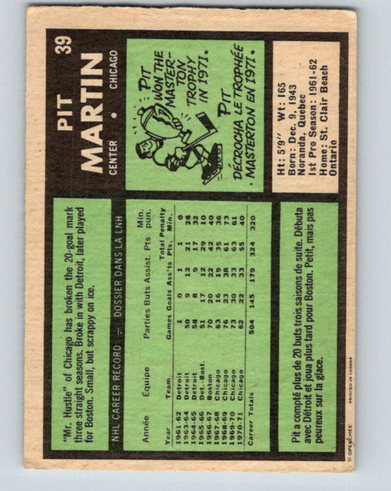 1971-72 O-Pee-Chee #39 Pit Martin Chicago Blackhawks V9084