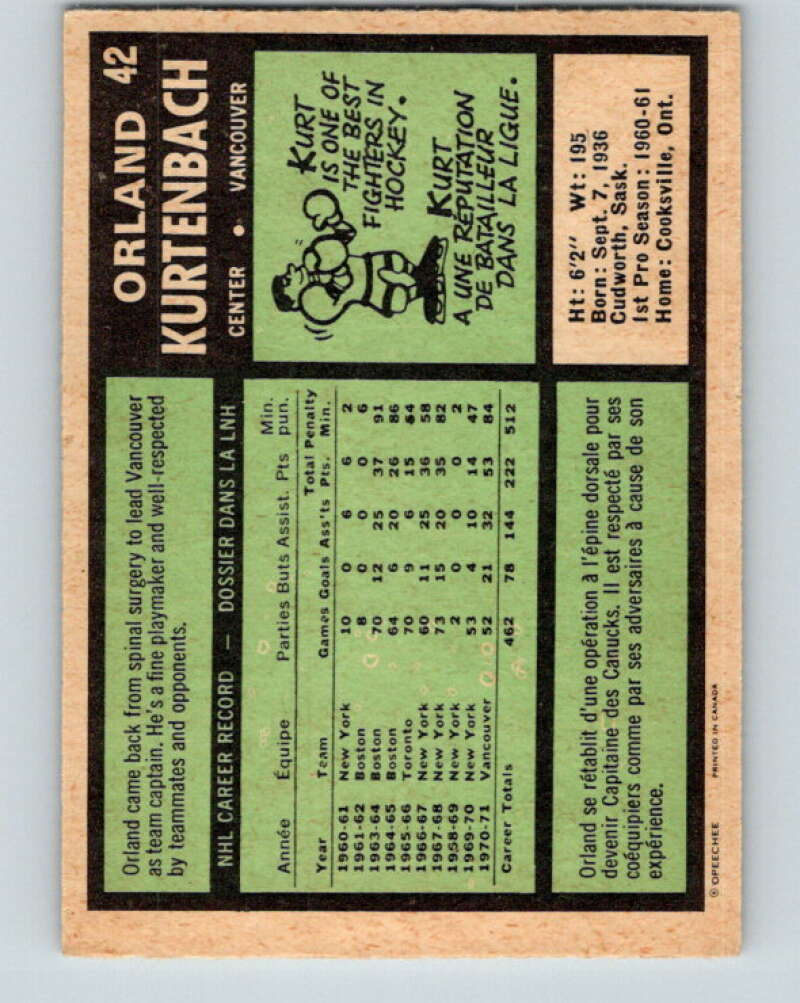 1971-72 O-Pee-Chee #42 Orland Kurtenbach Vancouver Canucks V9093
