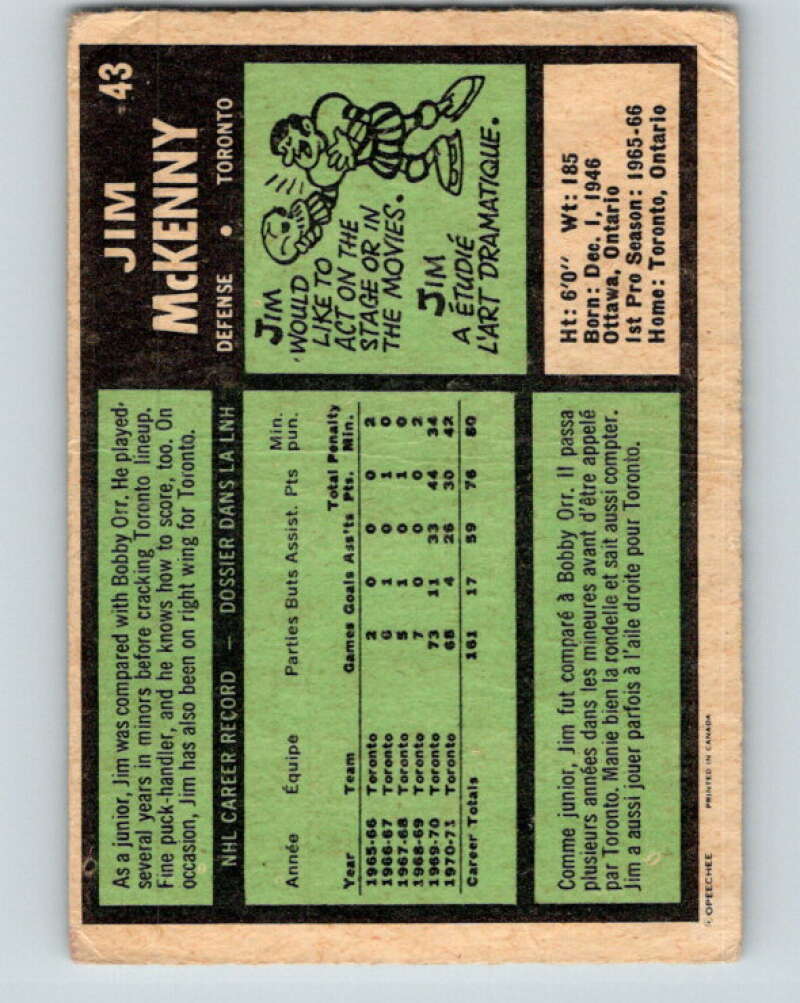 1971-72 O-Pee-Chee #43 Jim McKenny RC Rookie Toronto Maple Leafs V9096