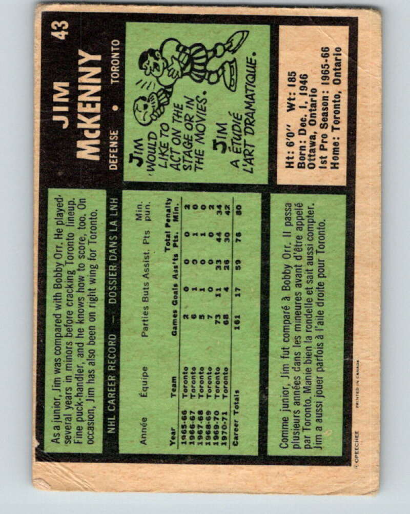 1971-72 O-Pee-Chee #43 Jim McKenny RC Rookie Toronto Maple Leafs V9097