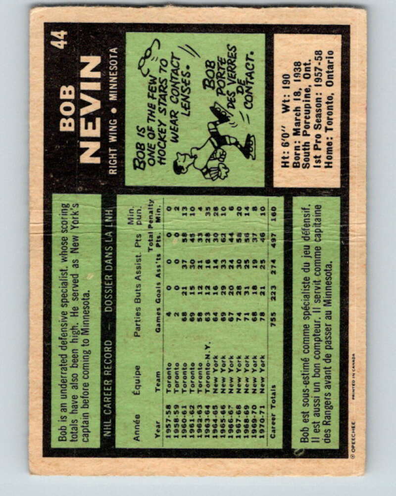 1971-72 O-Pee-Chee #44 Bob Nevin Minnesota North Stars V9098