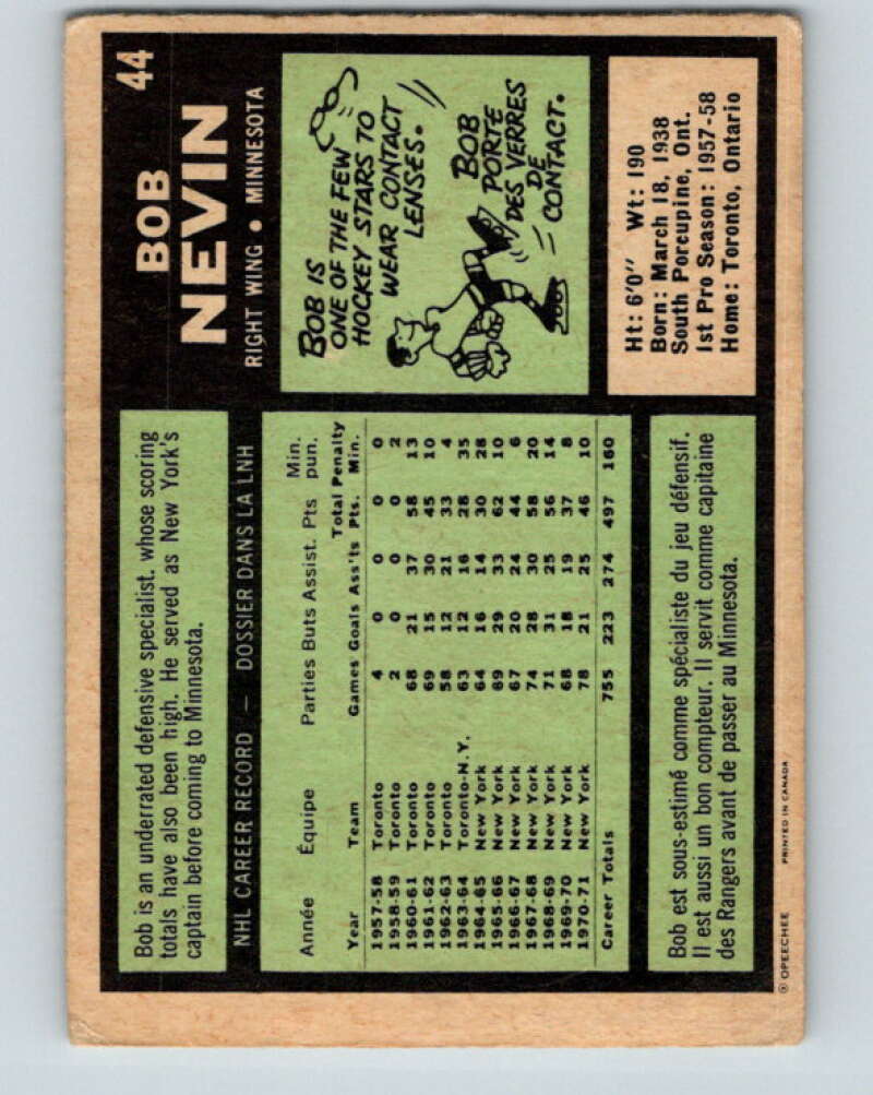 1971-72 O-Pee-Chee #44 Bob Nevin Minnesota North Stars V9100