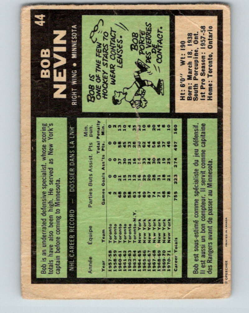 1971-72 O-Pee-Chee #44 Bob Nevin Minnesota North Stars V9101