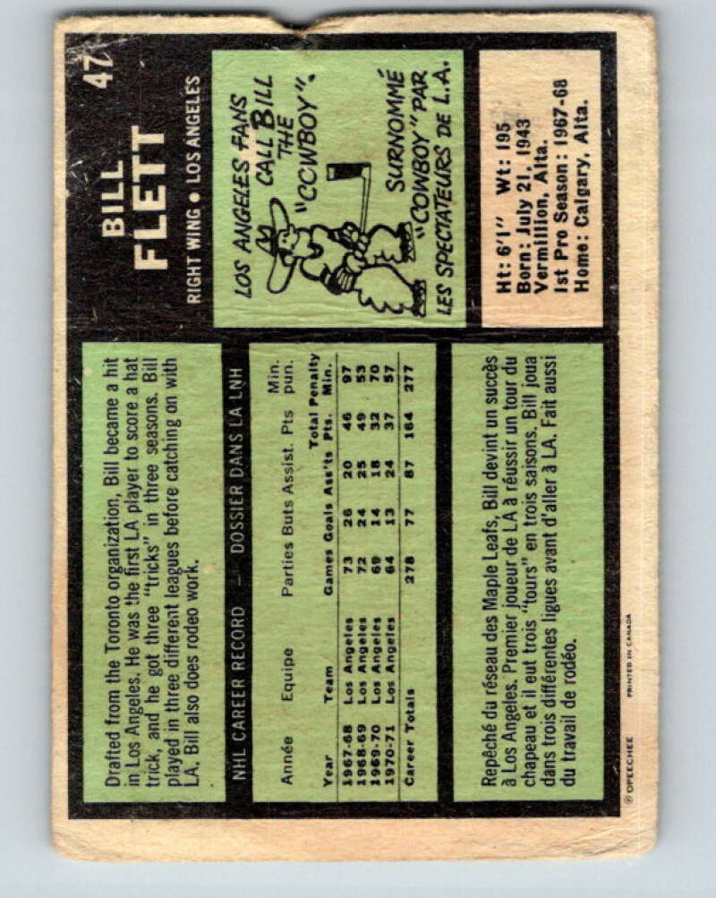 1971-72 O-Pee-Chee #47 Bill Flett Los Angeles Kings V9108