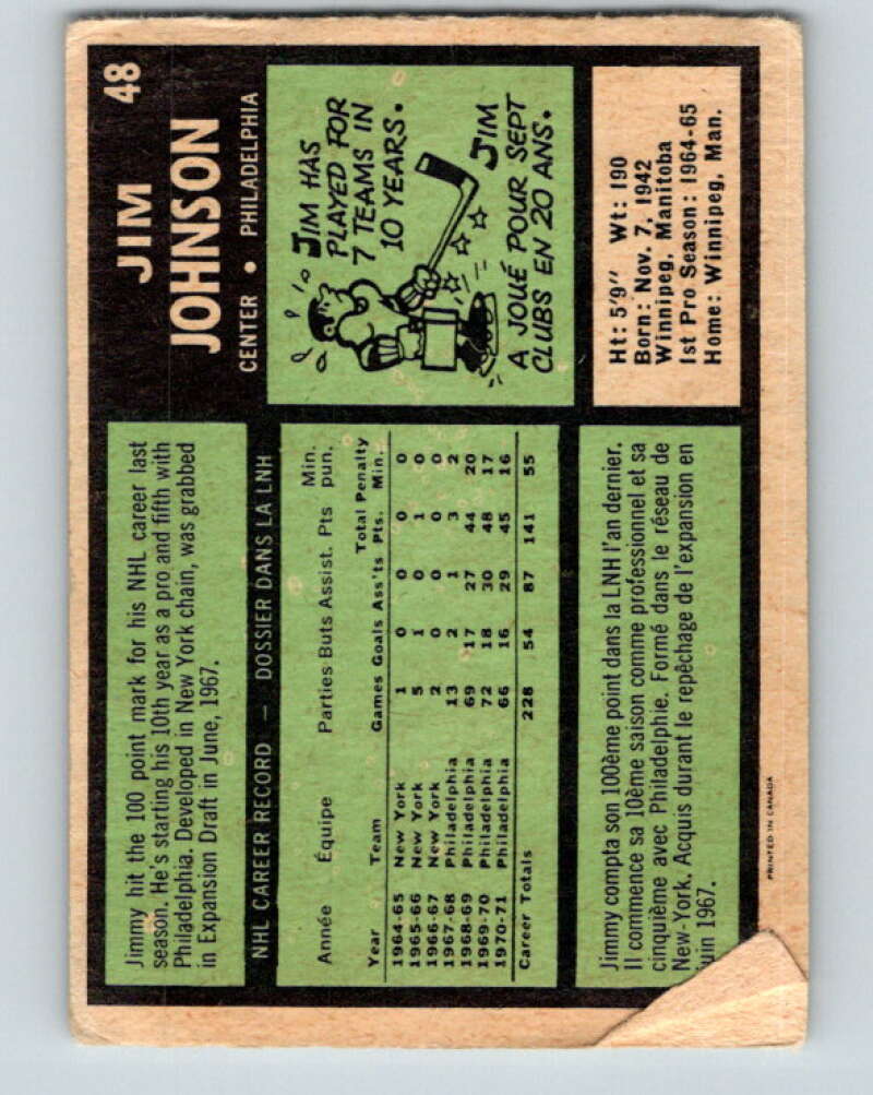 1971-72 O-Pee-Chee #48 Jim Johnson Philadelphia Flyers V9109