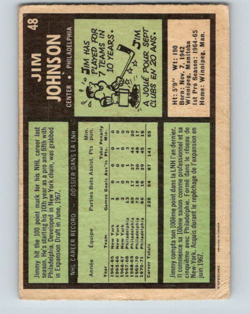 1971-72 O-Pee-Chee #48 Jim Johnson Philadelphia Flyers V9110