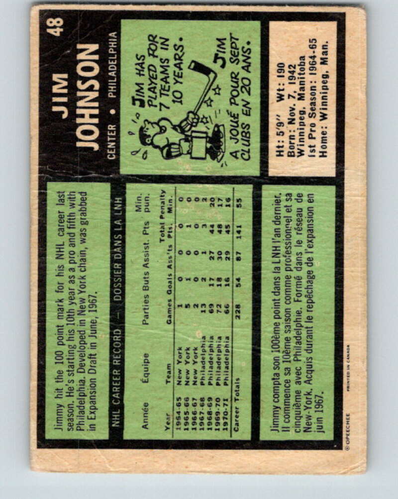 1971-72 O-Pee-Chee #48 Jim Johnson Philadelphia Flyers V9111