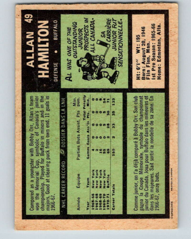 1971-72 O-Pee-Chee #49 Al Hamilton Buffalo Sabres V9112