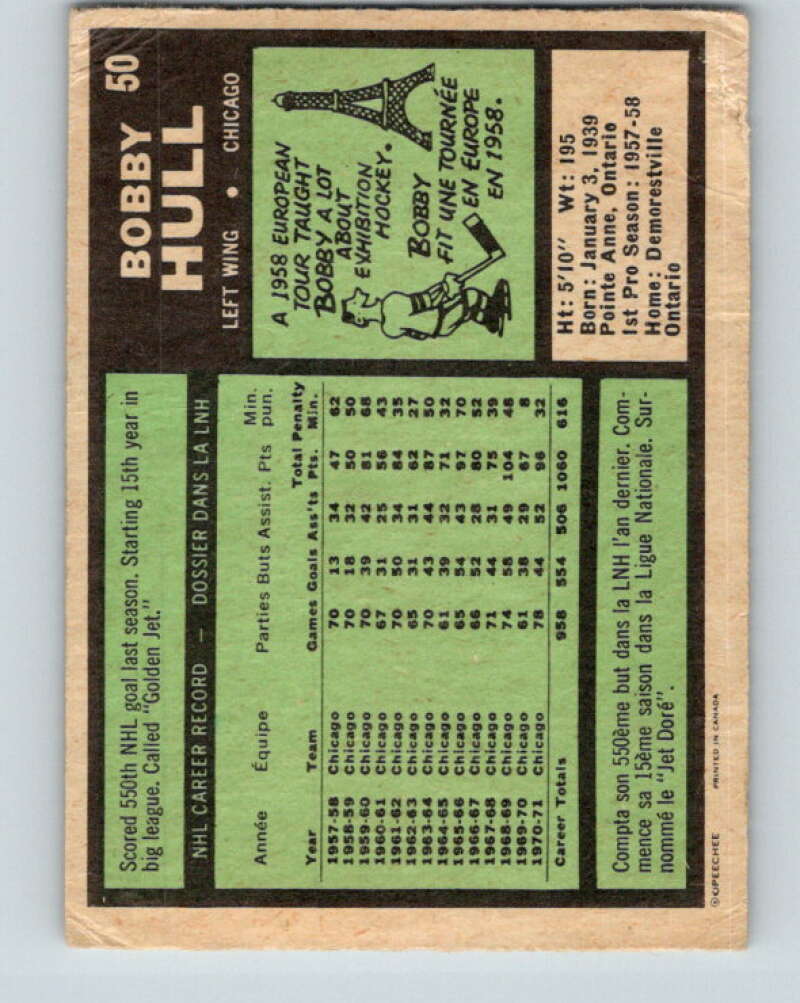 1971-72 O-Pee-Chee #50 Bobby Hull Chicago Blackhawks V9115