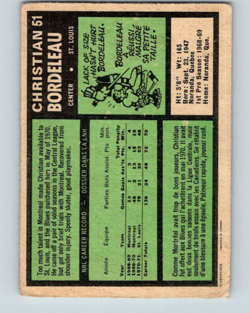 1971-72 O-Pee-Chee #51 Chris Bordeleau RC Rookie St. Louis Blues V9116