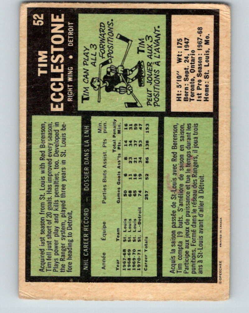 1971-72 O-Pee-Chee #52 Tim Ecclestone Detroit Red Wings V9117