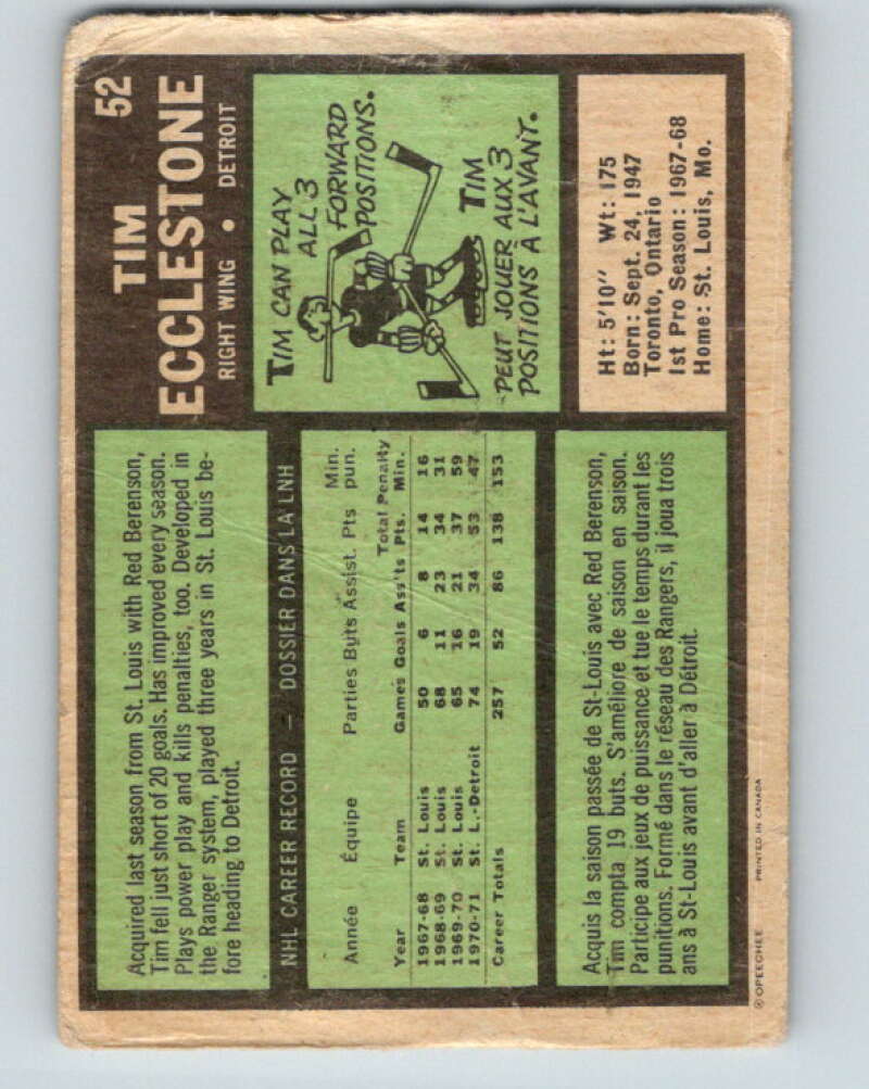 1971-72 O-Pee-Chee #52 Tim Ecclestone Detroit Red Wings V9118