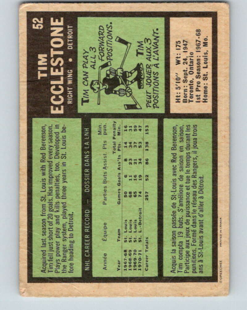 1971-72 O-Pee-Chee #52 Tim Ecclestone Detroit Red Wings V9119