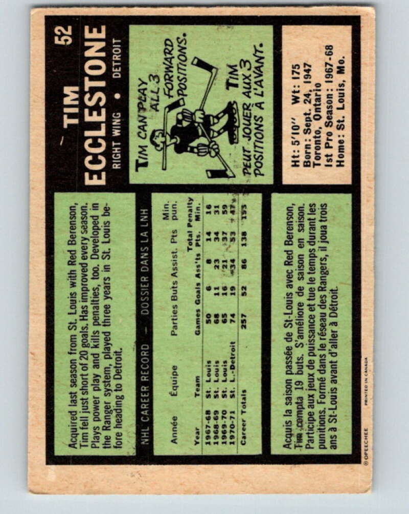 1971-72 O-Pee-Chee #52 Tim Ecclestone Detroit Red Wings V9120