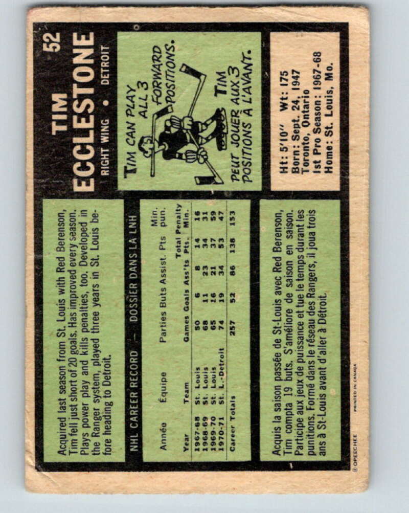 1971-72 O-Pee-Chee #52 Tim Ecclestone Detroit Red Wings V9121