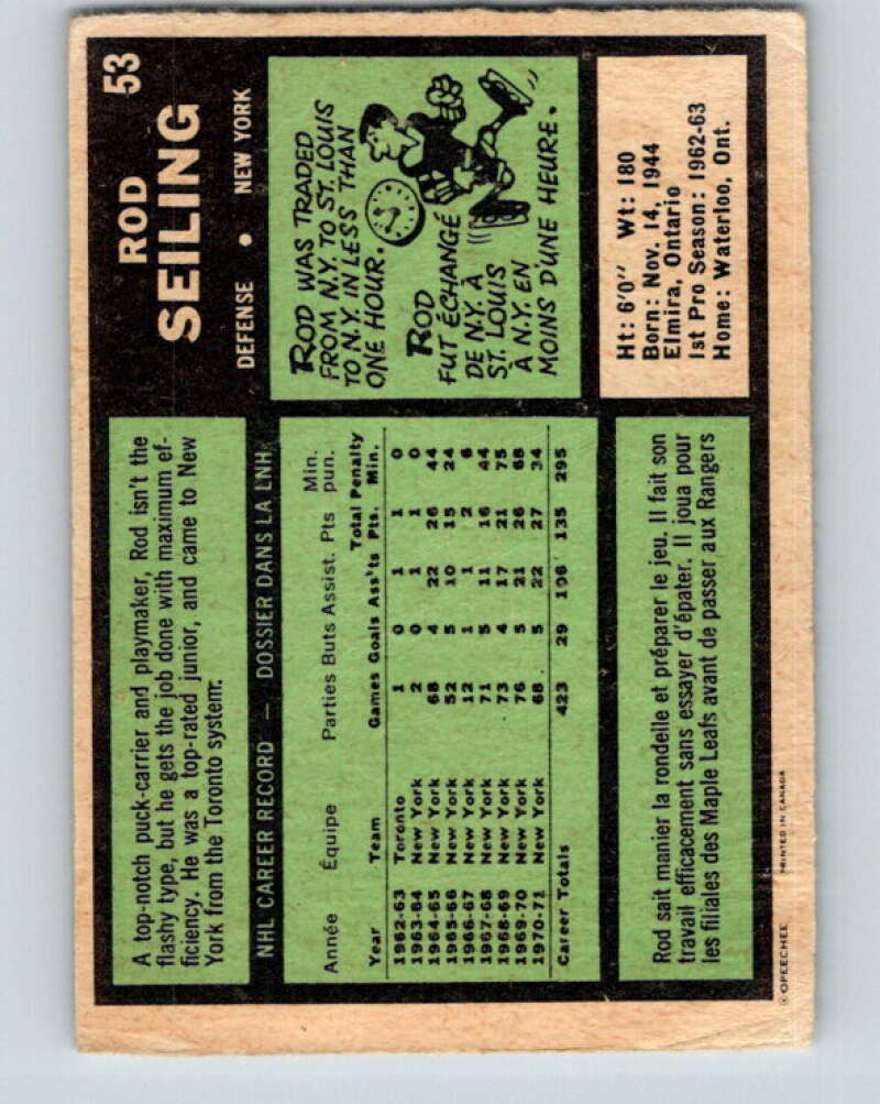 1971-72 O-Pee-Chee #53 Rod Seiling New York Rangers V9122