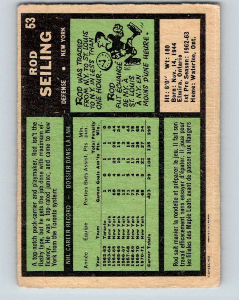 1971-72 O-Pee-Chee #53 Rod Seiling New York Rangers V9123