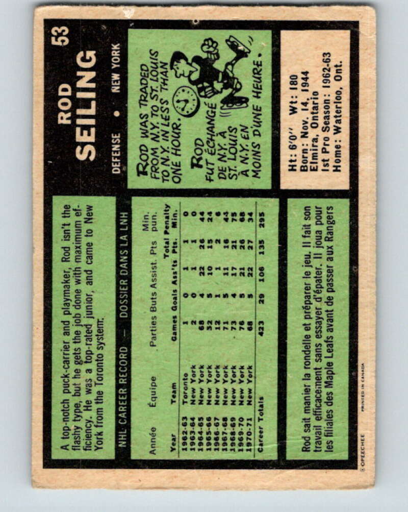 1971-72 O-Pee-Chee #53 Rod Seiling New York Rangers V9124