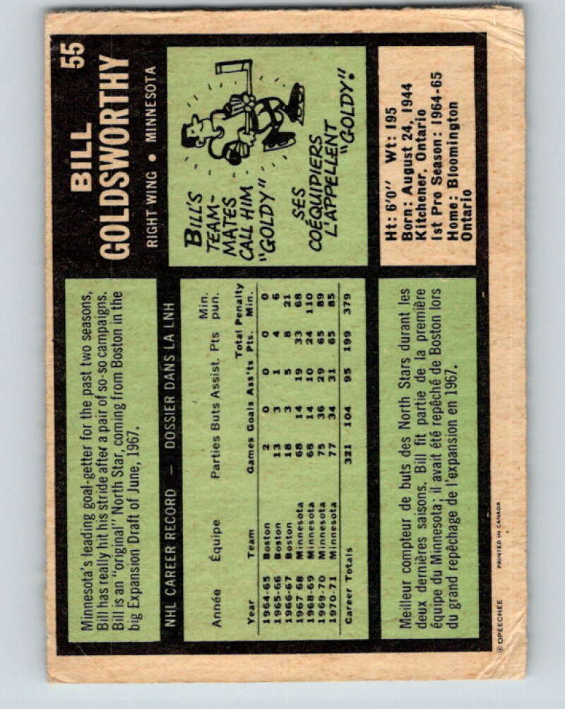1971-72 O-Pee-Chee #55 Bill Goldsworthy Minnesota North Stars V9126
