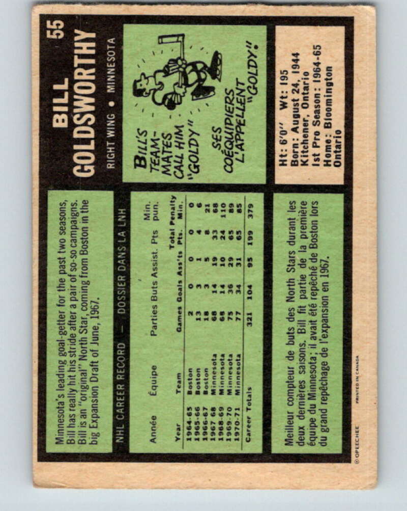 1971-72 O-Pee-Chee #55 Bill Goldsworthy Minnesota North Stars V9127