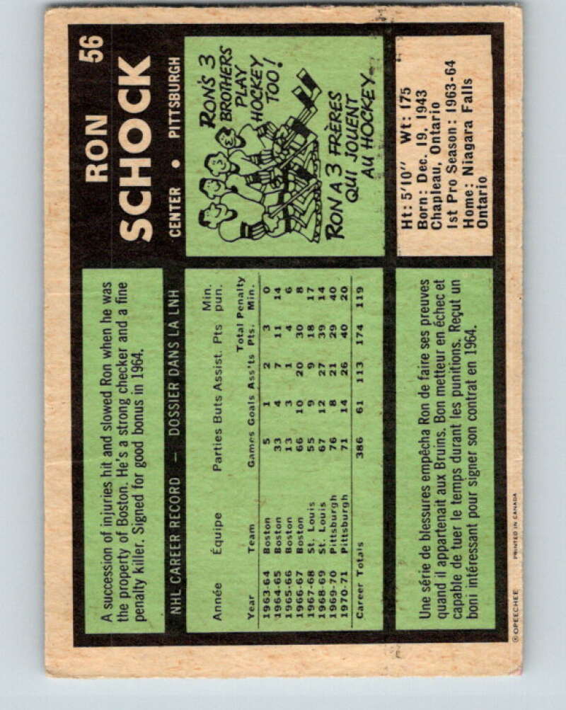 1971-72 O-Pee-Chee #56 Ron Schock Pittsburgh Penguins V9129