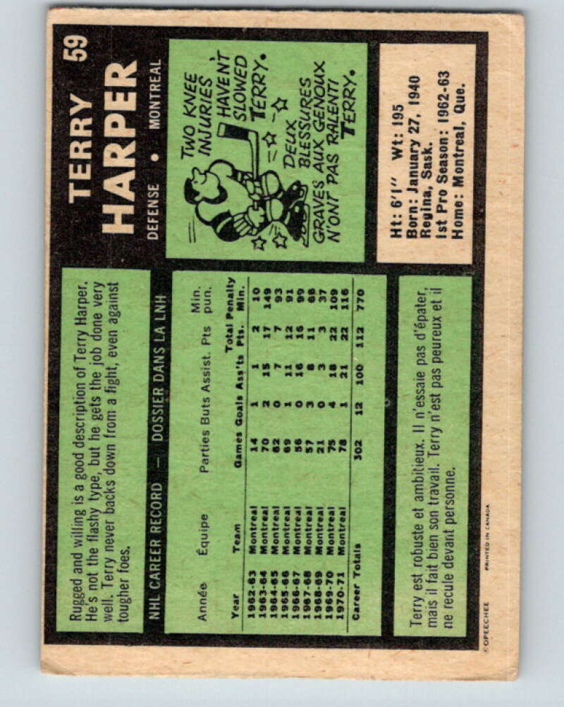 1971-72 O-Pee-Chee #59 Terry Harper Montreal Canadiens V9137