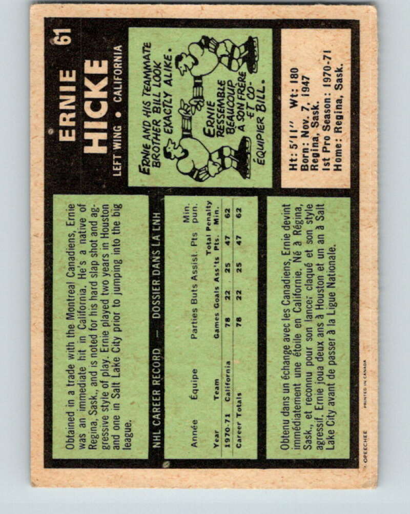 1971-72 O-Pee-Chee #61 Ernie Hicke RC Rookie California Golden Seals V9138