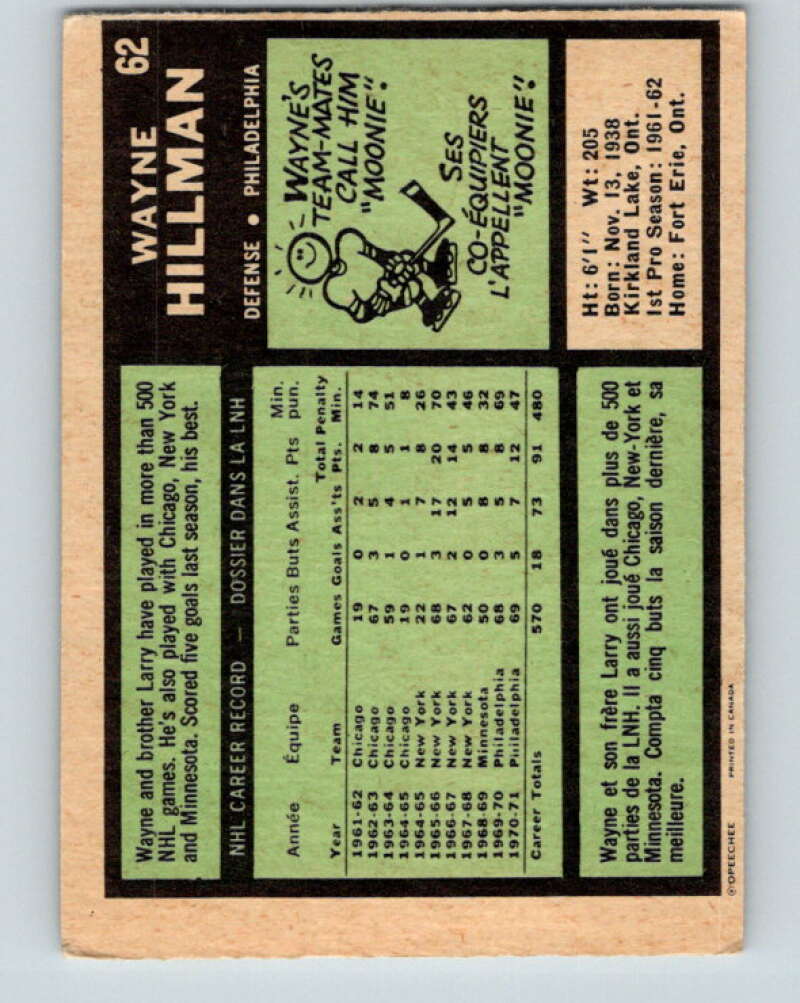 1971-72 O-Pee-Chee #62 Wayne Hillman Philadelphia Flyers V9139