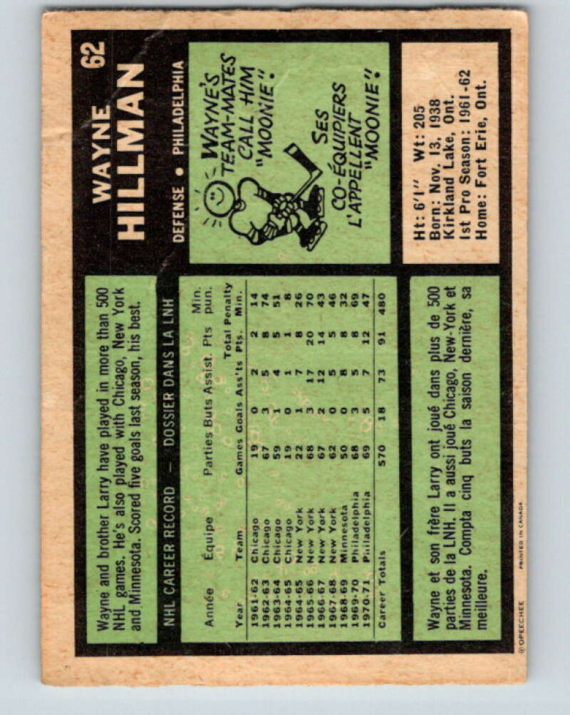 1971-72 O-Pee-Chee #62 Wayne Hillman Philadelphia Flyers V9140