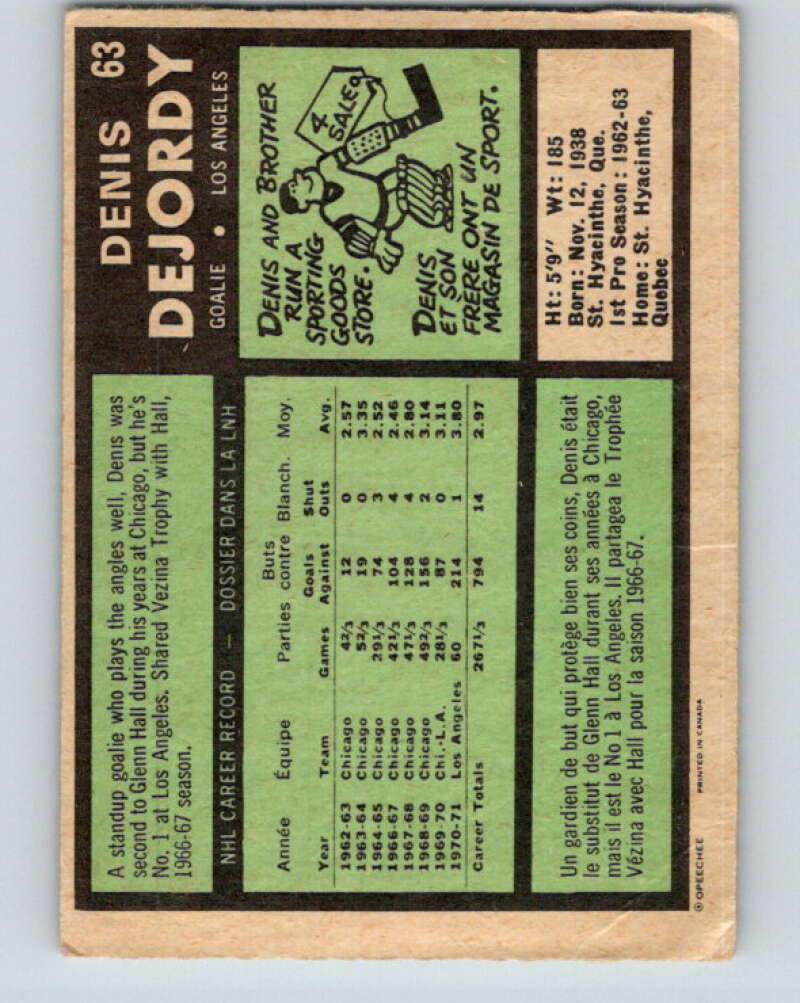1971-72 O-Pee-Chee #63 Denis DeJordy Los Angeles Kings V9141