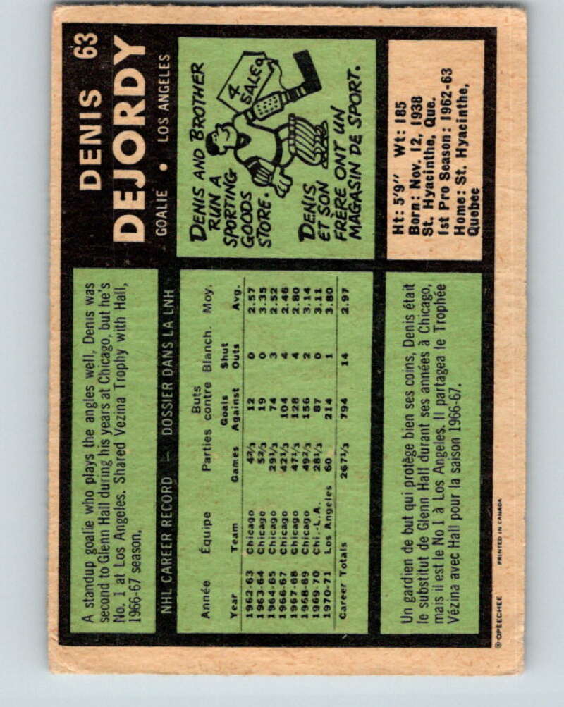 1971-72 O-Pee-Chee #63 Denis DeJordy Los Angeles Kings V9142