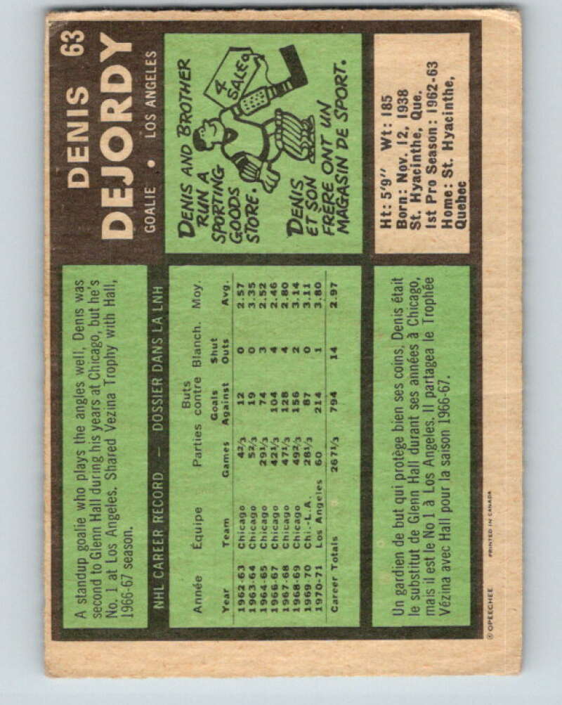 1971-72 O-Pee-Chee #63 Denis DeJordy Los Angeles Kings V9145