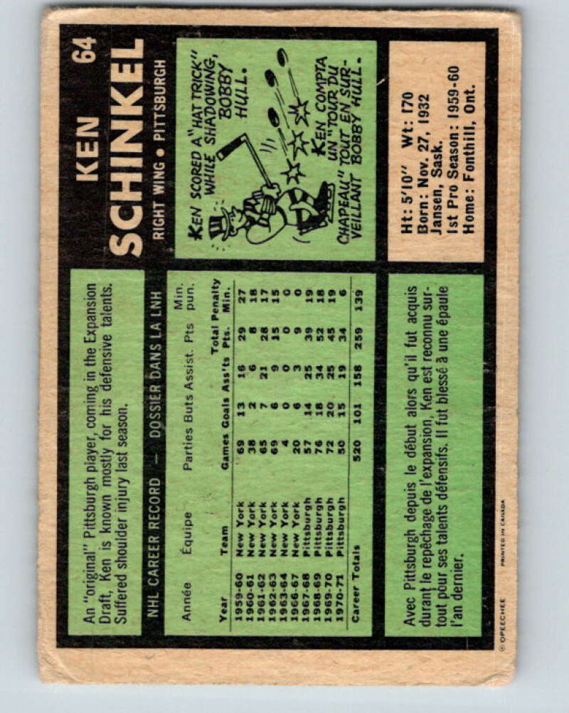 1971-72 O-Pee-Chee #64 Ken Schinkel Pittsburgh Penguins V9146