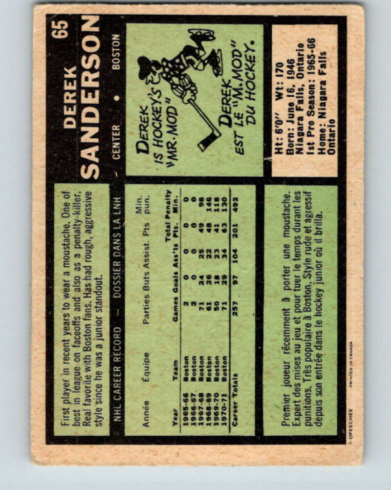 1971-72 O-Pee-Chee #65 Derek Sanderson Boston Bruins V9147
