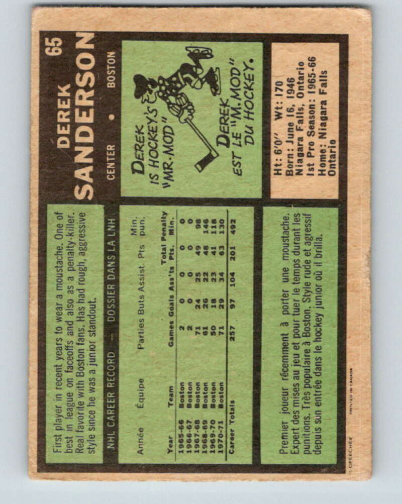 1971-72 O-Pee-Chee #65 Derek Sanderson Boston Bruins V9148