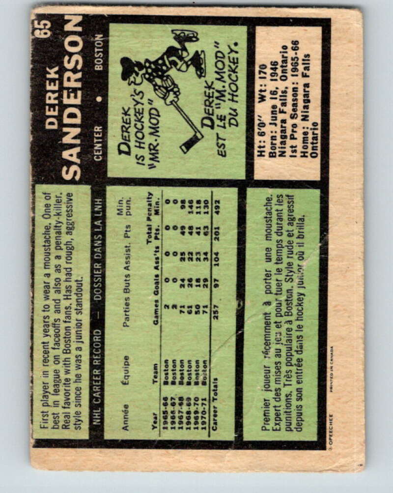 1971-72 O-Pee-Chee #65 Derek Sanderson Boston Bruins V9150