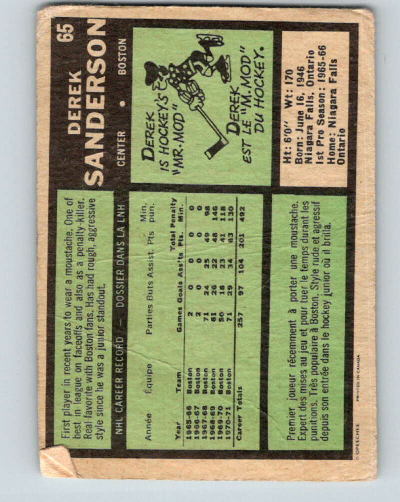 1971-72 O-Pee-Chee #65 Derek Sanderson Boston Bruins V9151