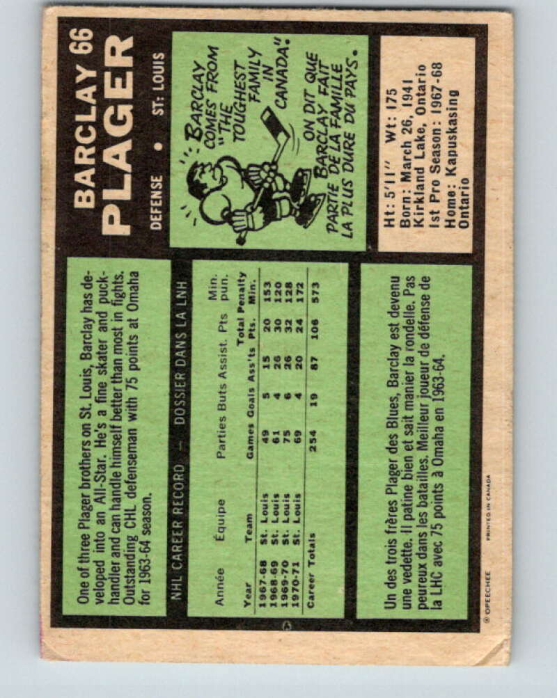 1971-72 O-Pee-Chee #66 Barclay Plager St. Louis Blues V9154